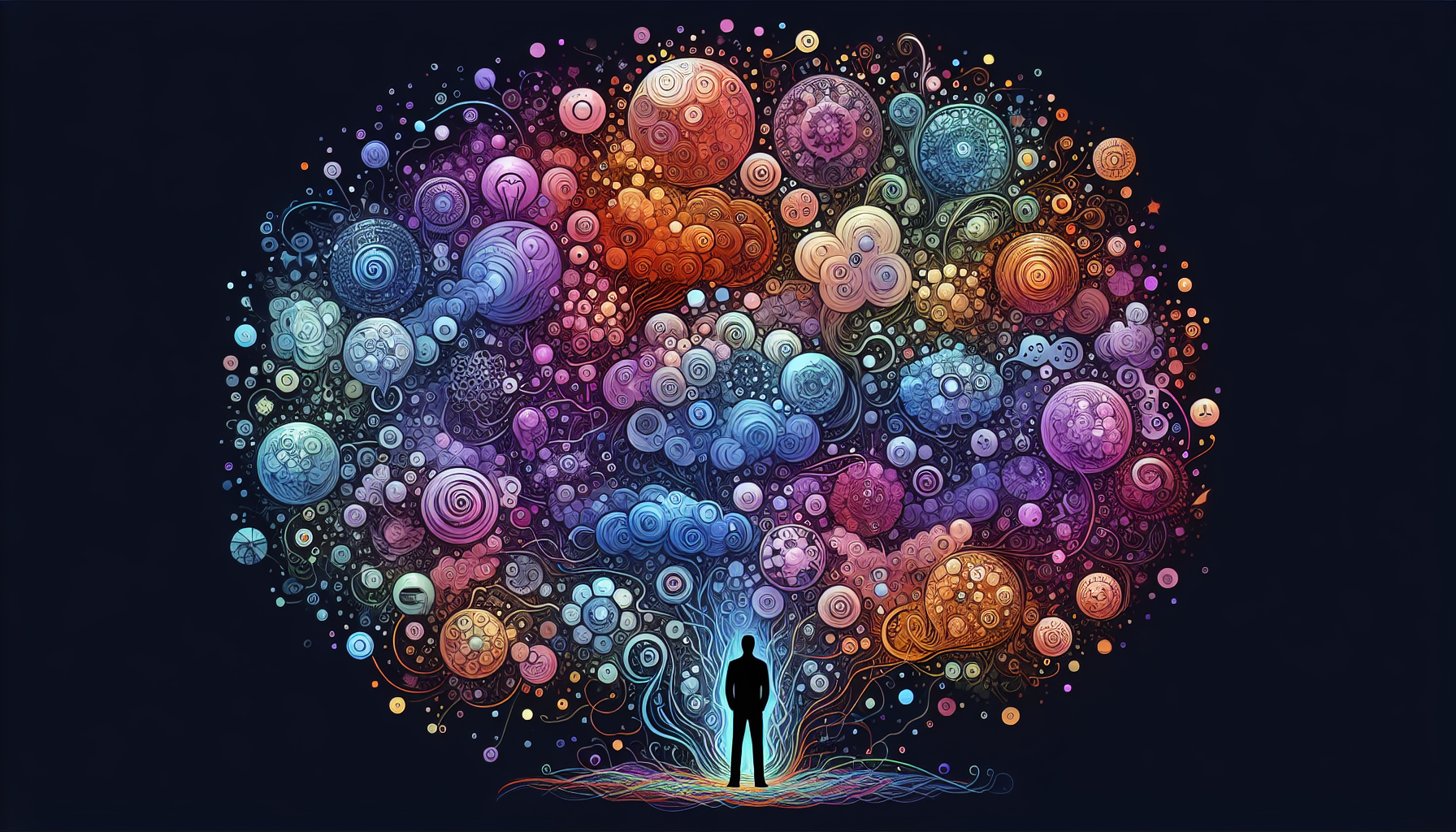 Illustration of a person surrounded by thought bubbles, representing the complexity of the human mind